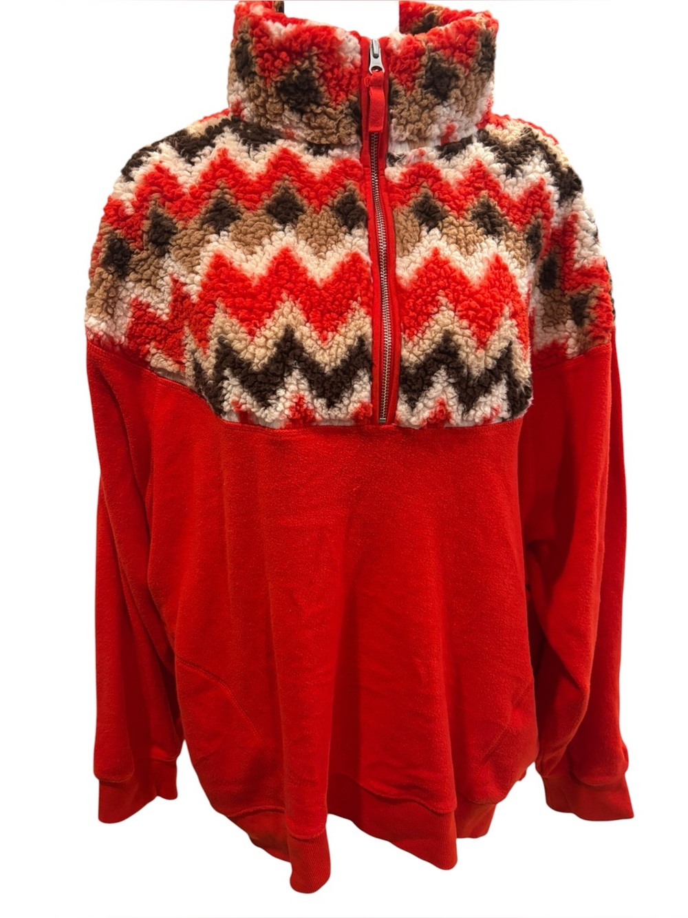 Aerie Sherpa Quarter Zip Pullover XL Red Chevron Cozy Fleece